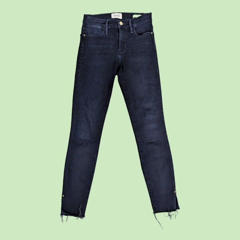 FRAME Le High Skinny Rivet & Slit Jeans 26 Keen Raw Hem